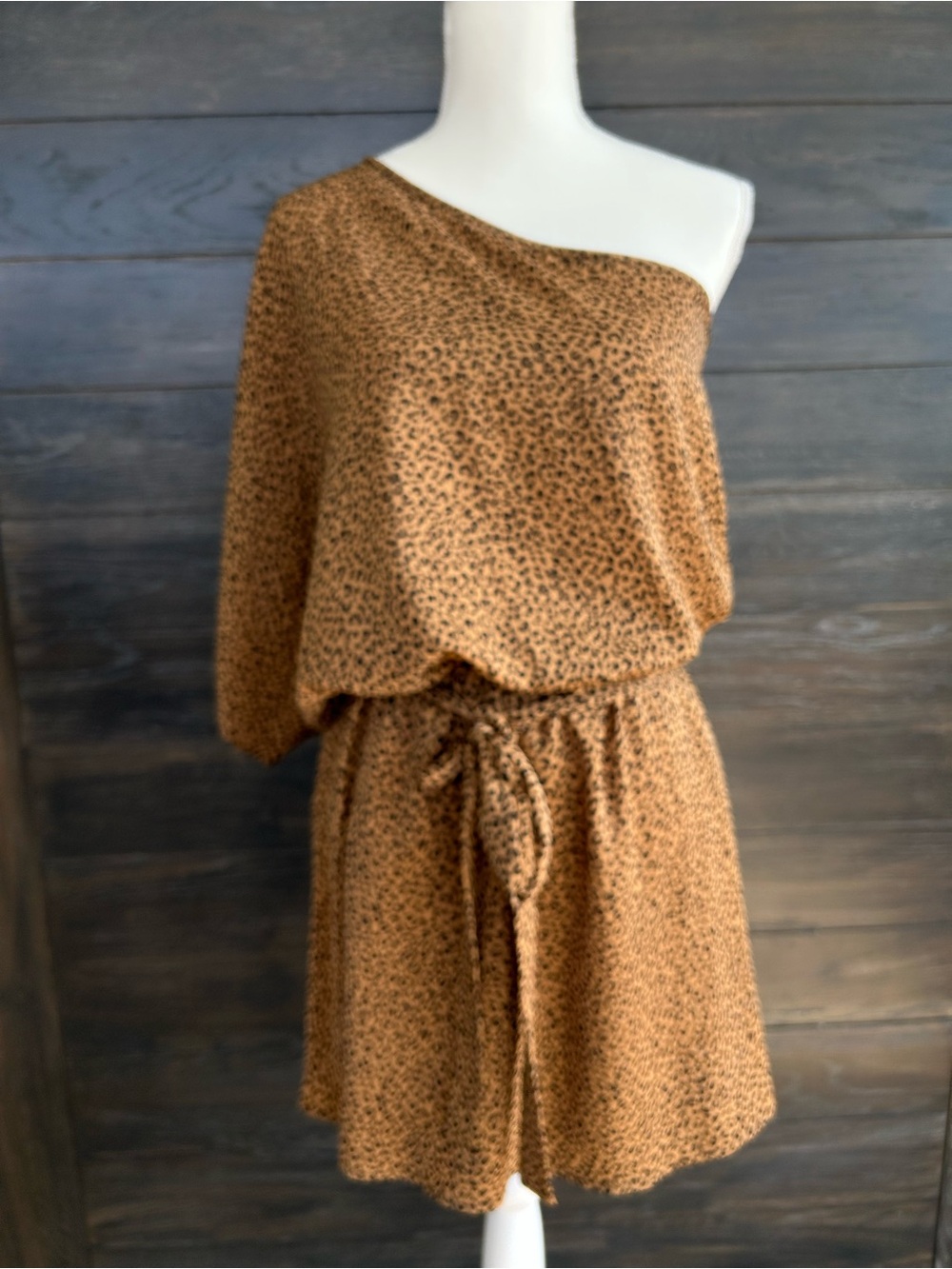 Tyche Leopard-Print One-Shoulder Mini Dress in Brown and Black